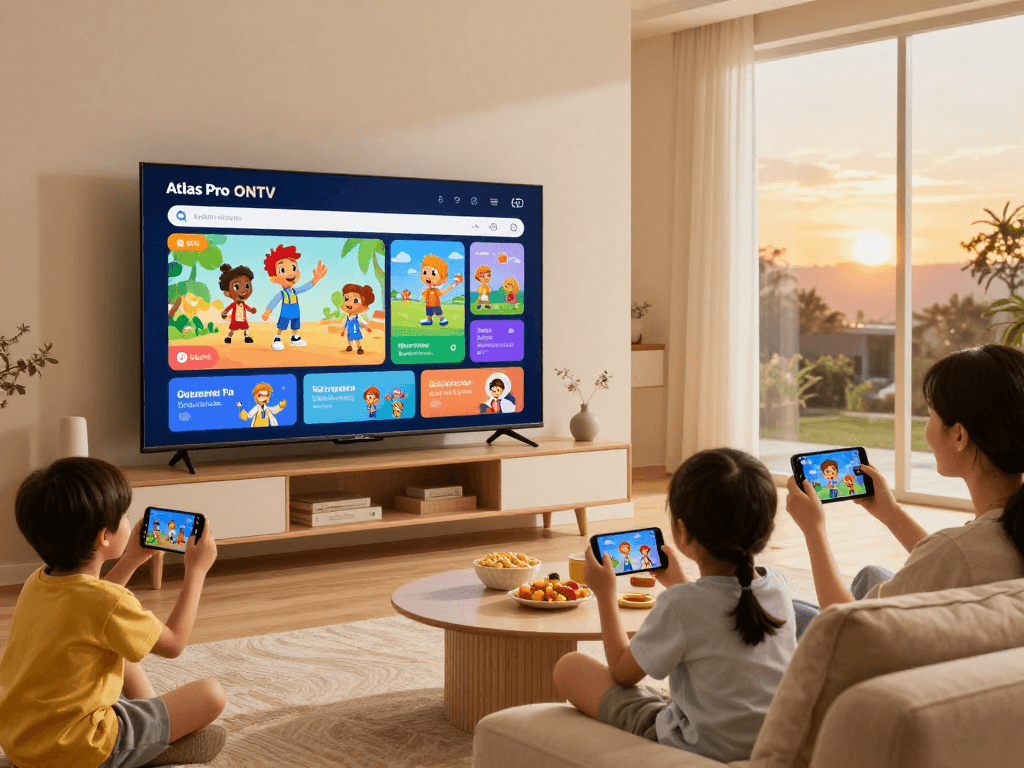 Famille profitant de l'application Atlas Pro pour un divertissement à domicile, avec un téléviseur affichant des chaînes et des appareils mobiles à portée de main.