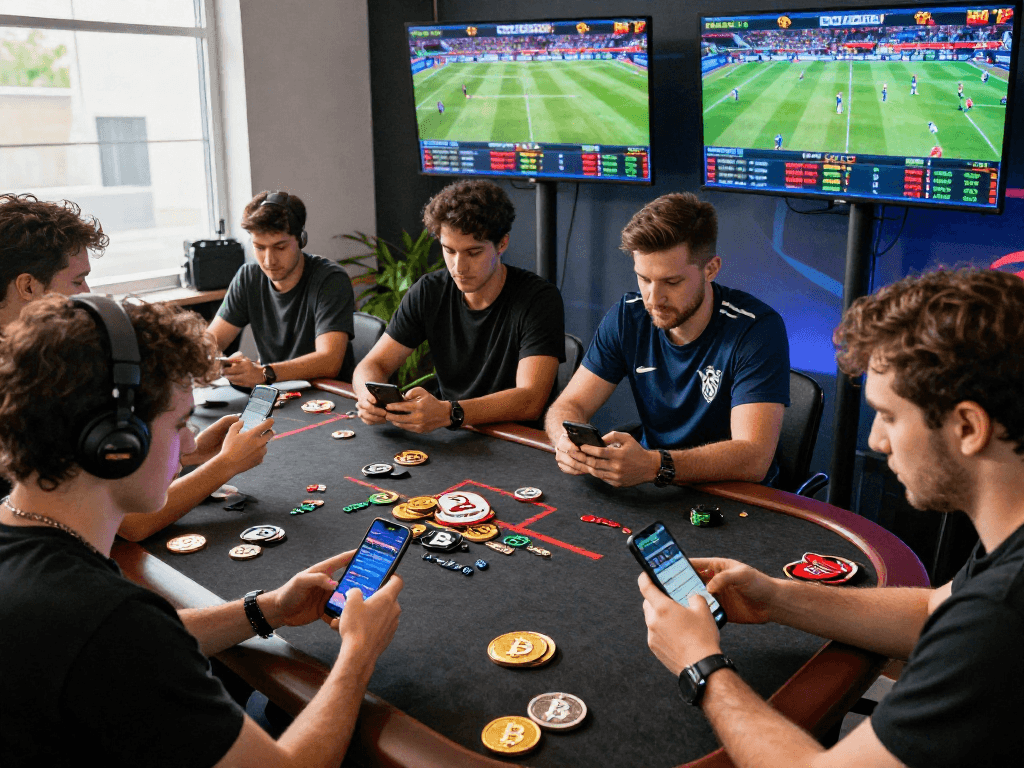 Scène dynamique de paris sportif crypto où des parieurs engagés utilisent leurs smartphones pour placer des paris sur des événements sportifs en direct, entourés d'écrans affichant des cotes et des prix de cryptomonnaies.