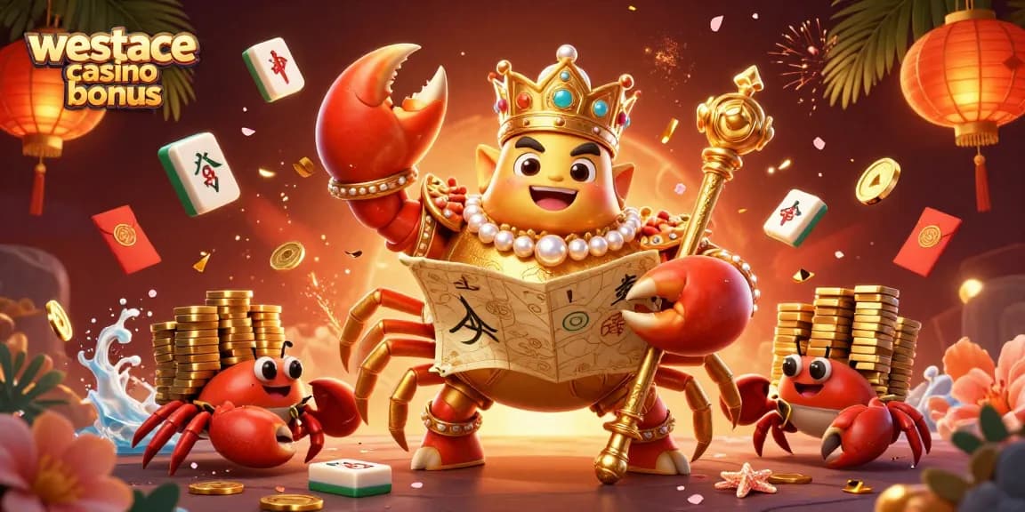Découvrez le bonus WestAce casino avec cette illustration dynamique d'un empereur crabe en or et ses serviteurs.