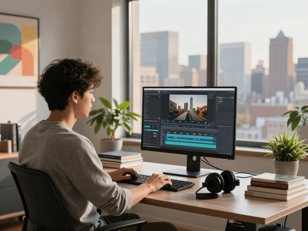 Scène de bureau moderne avec Atlas pro ontv, créateur de contenu en pleine production vidéo.