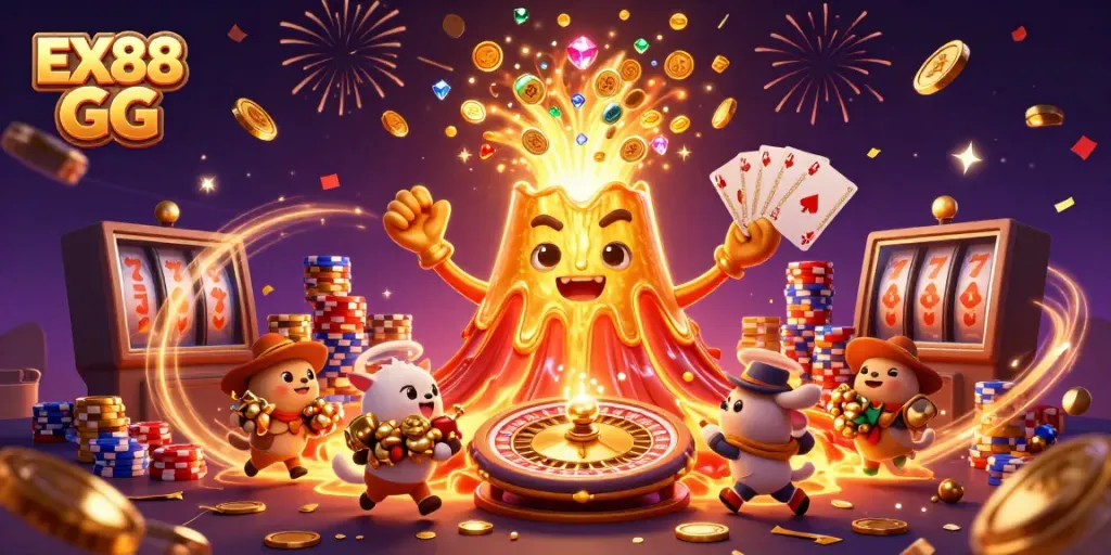 Experience winning excitement with EX88 GG in a colorful casino-themed eruption of treasures.