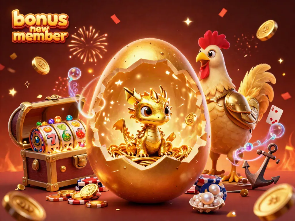 Win with the bonus new member promotion featuring an astonishing gold baby dragon amidst a colorful casino scene.