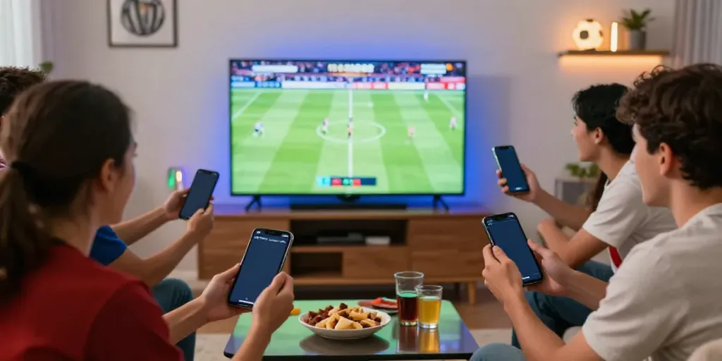 Groupe d'amis pariant en ligne sur un match de football, ambiance festive.