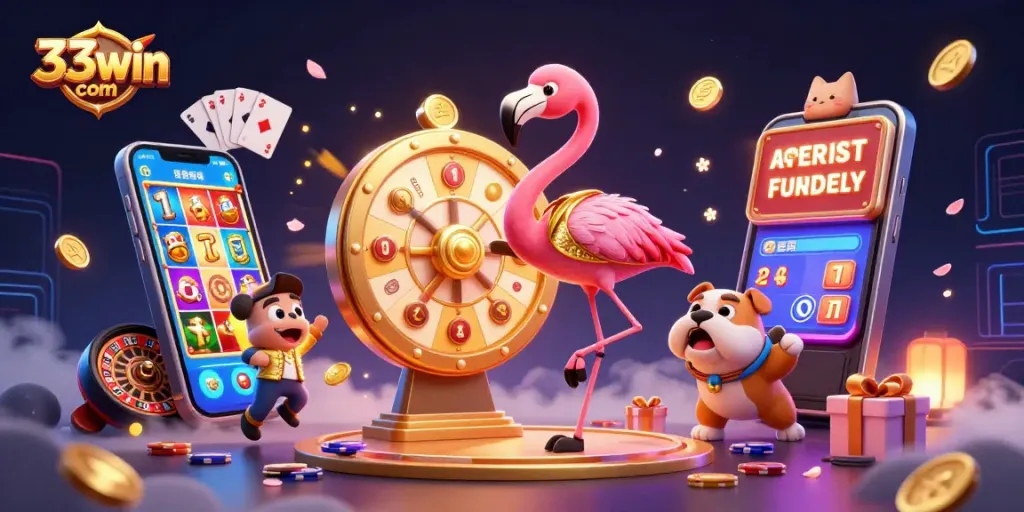 Experience exciting wins with 33win com, where a flamingo game show host spins a golden prize wheel.