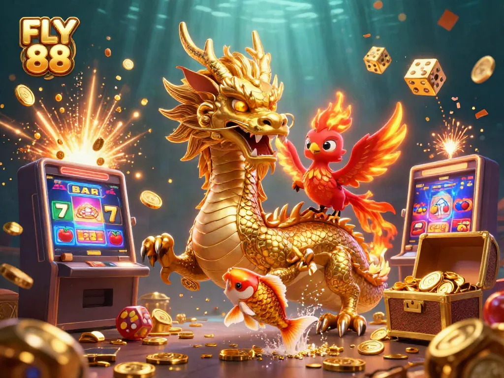 FLY 88 showcases an exciting casino scene with a golden dragon, phoenix, and koi fish amidst vivid gaming elements.