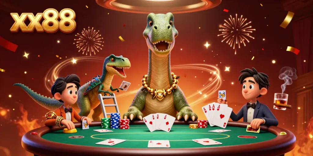 Experience the excitement of xx88 with a towering dinosaur dealer and thrilling poker action.
