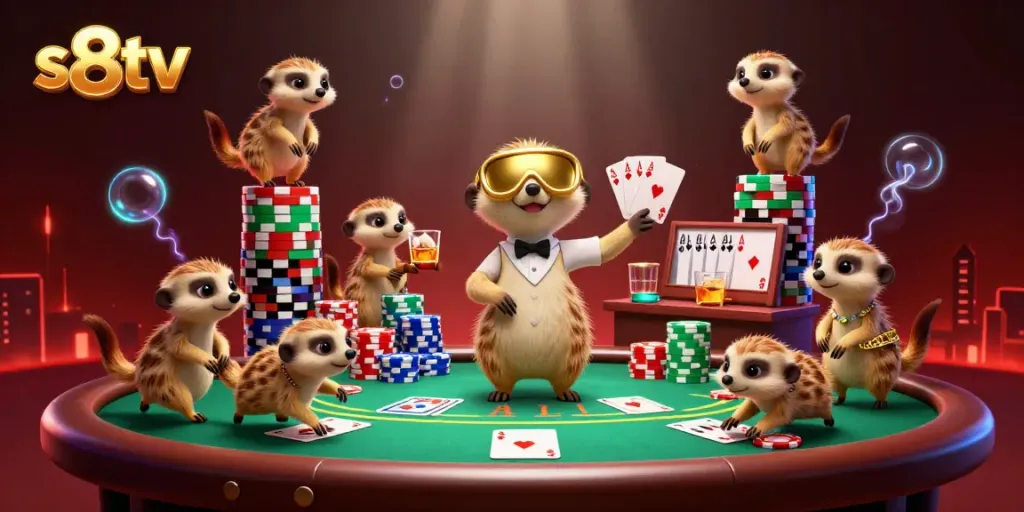 Visualize an engaging casino scene with meerkats as dealers and pit boss for s8tv.