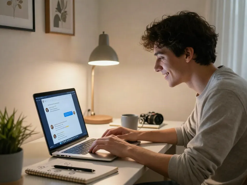 Engaging in an NSFW AI chat on a laptop in a cozy home office setting.