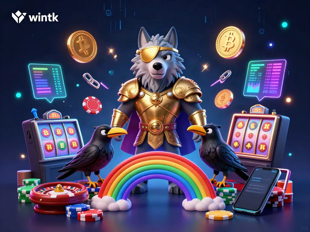 Wintk casino illustration featuring a mythical wolf and ravens surrounded by poker chips and crypto coins.