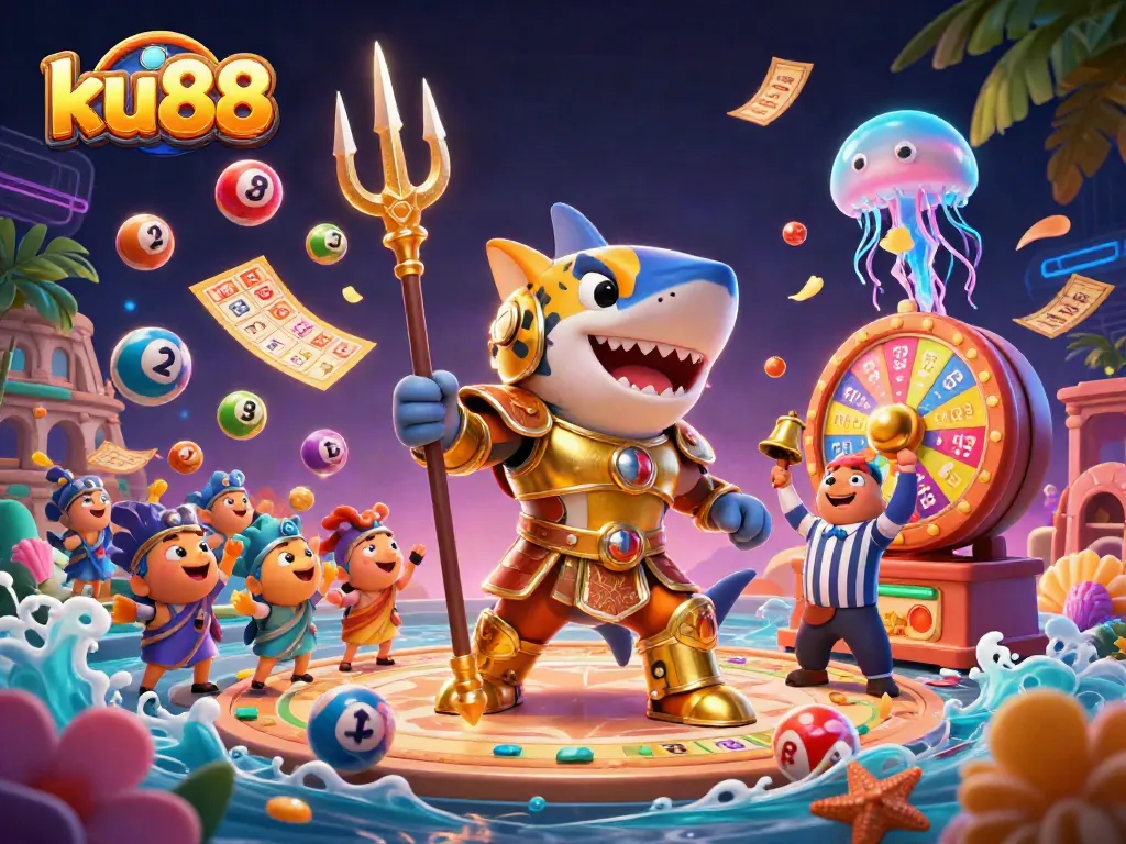 ku88 captivates players with thrilling underwater casino action featuring a shark in gladiator armor amid dynamic lottery excitement.