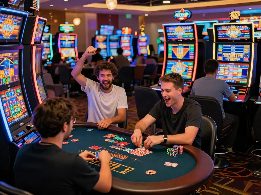 Scène de casino en ligne avec des joueurs profitant d'un casino éclairé, mettant en avant le casino bonus sans dépôt.