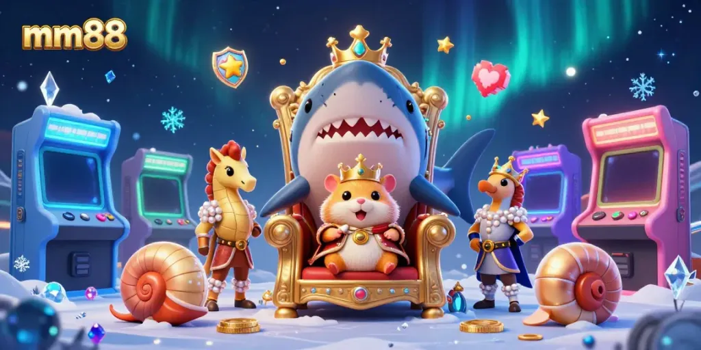 Experience mm88's exciting online casino adventure with a dynamic 3D illustration featuring a fierce hamster king and gaming elements.
