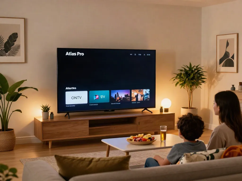 Intérieur d'un salon avec Atlas Pro ONTV diffusant des films, ambiance chaleureuse et familiale.