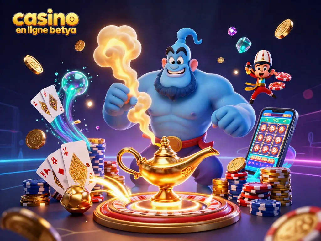 Engage in fun gaming adventures at casino en ligne betya with vibrant 3D illustrations of a genie, monkey, and casino elements.