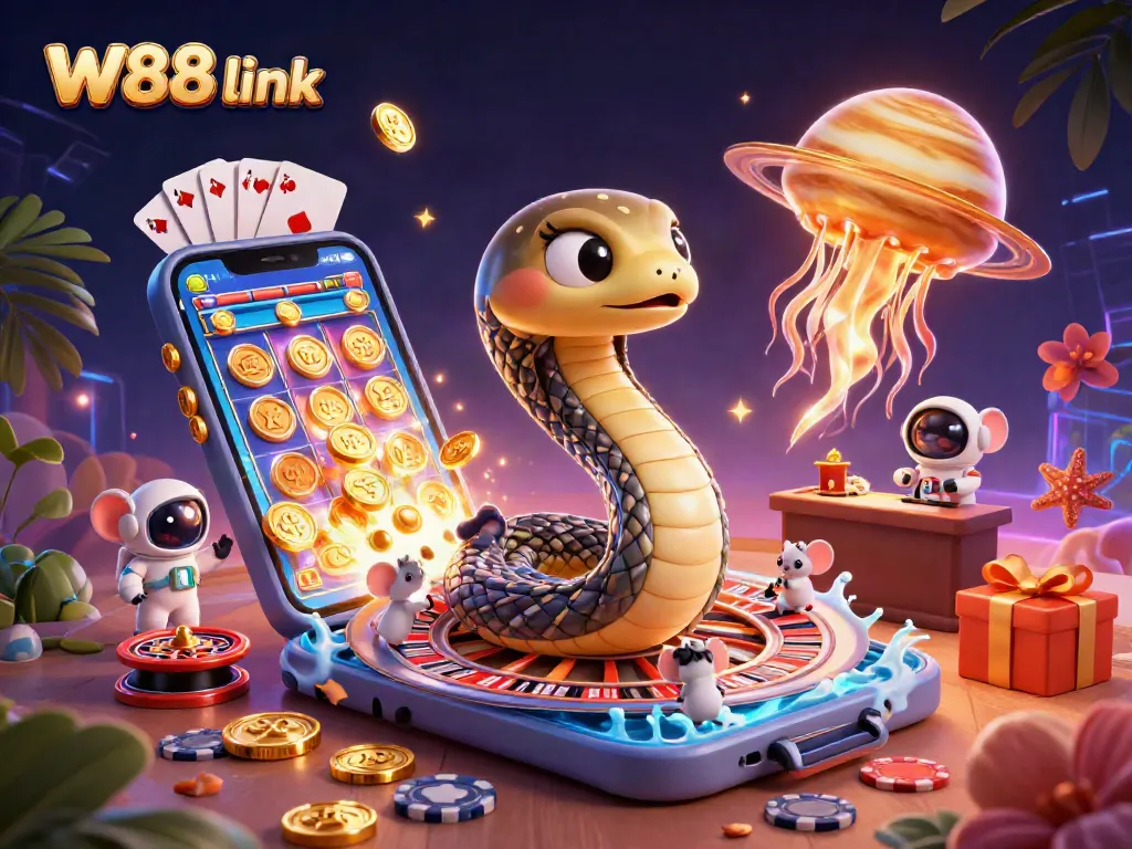 Engage with thrilling W88 link featuring a cosmic casino scene of bets, games, and vibrant characters.
