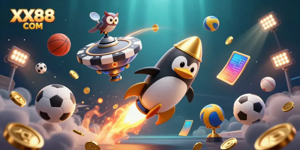 Win big at XX88 COM with an engaging, vibrant casino-themed scene featuring a golden penguin and dynamic sports elements.