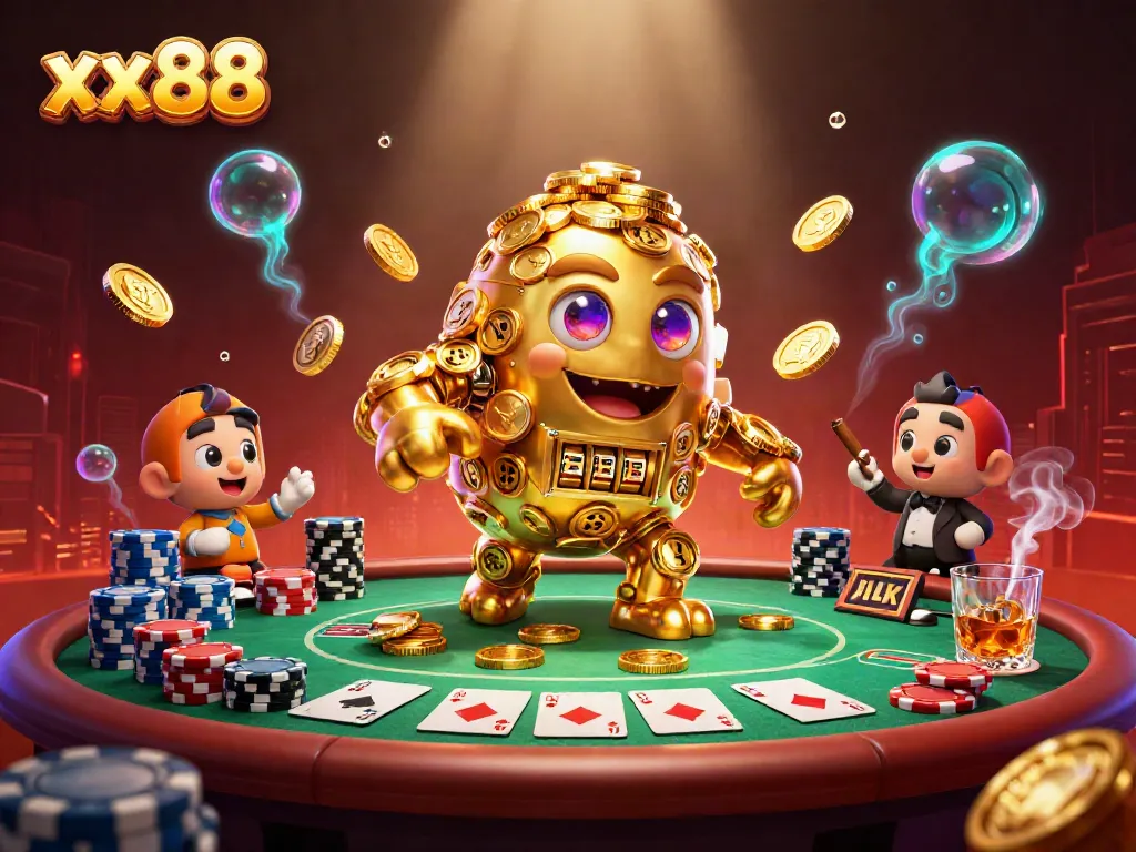 Engage with the immersive world of xx88, featuring a golden golem and poker elements amidst a vibrant casino scene.