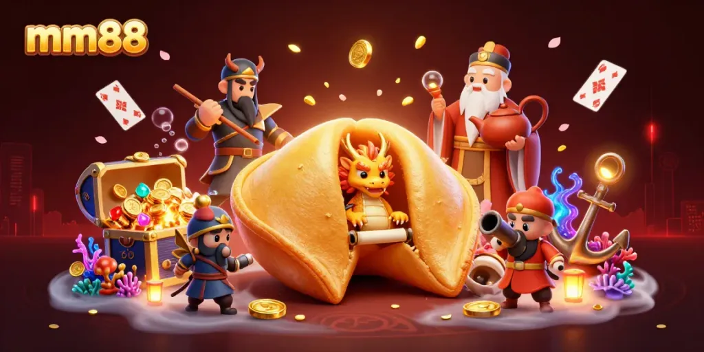 Play and win with mm88 in this vibrantly illustrated dynamic casino scene featuring unique characters and treasures.