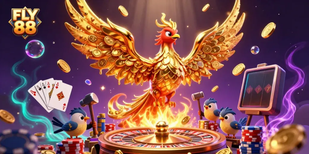 Experience the thrill of FLY 88 with a vibrant casino scene showcasing a golden phoenix amidst sparkling coins and roulette wheels.