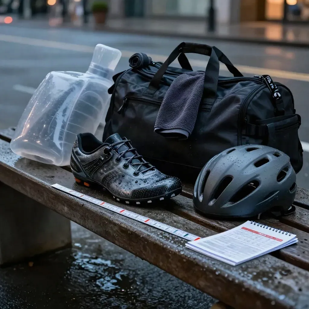 Matériel de triathlon posé sur un banc humide au crépuscule, sous la pluie fine