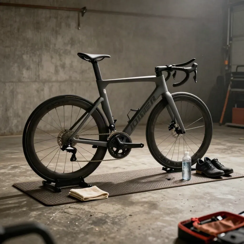 Vélo de triathlon sur home trainer dans un garage, avec chaussures, serviette, bidon et outils.