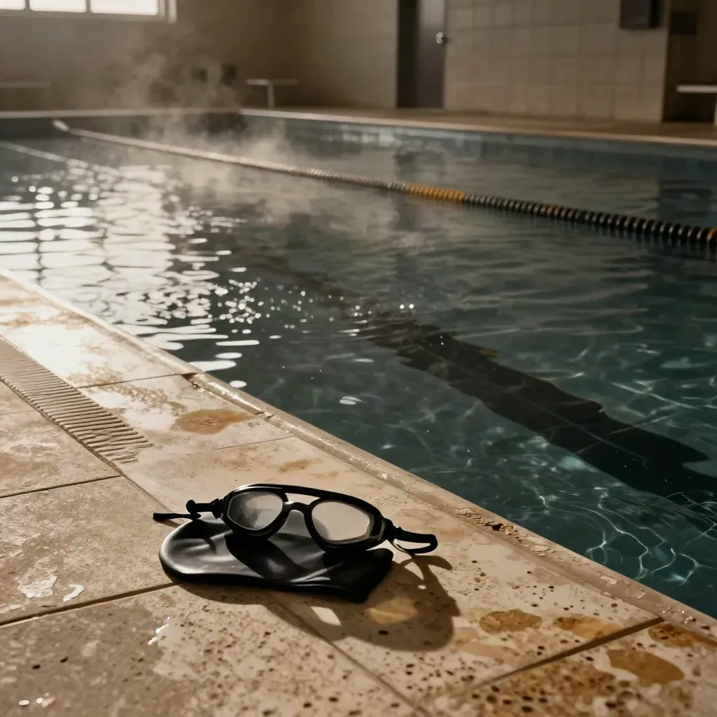 Couloir de piscine calme avec pull buoy, lunettes et bonnet au bord du bassin.
