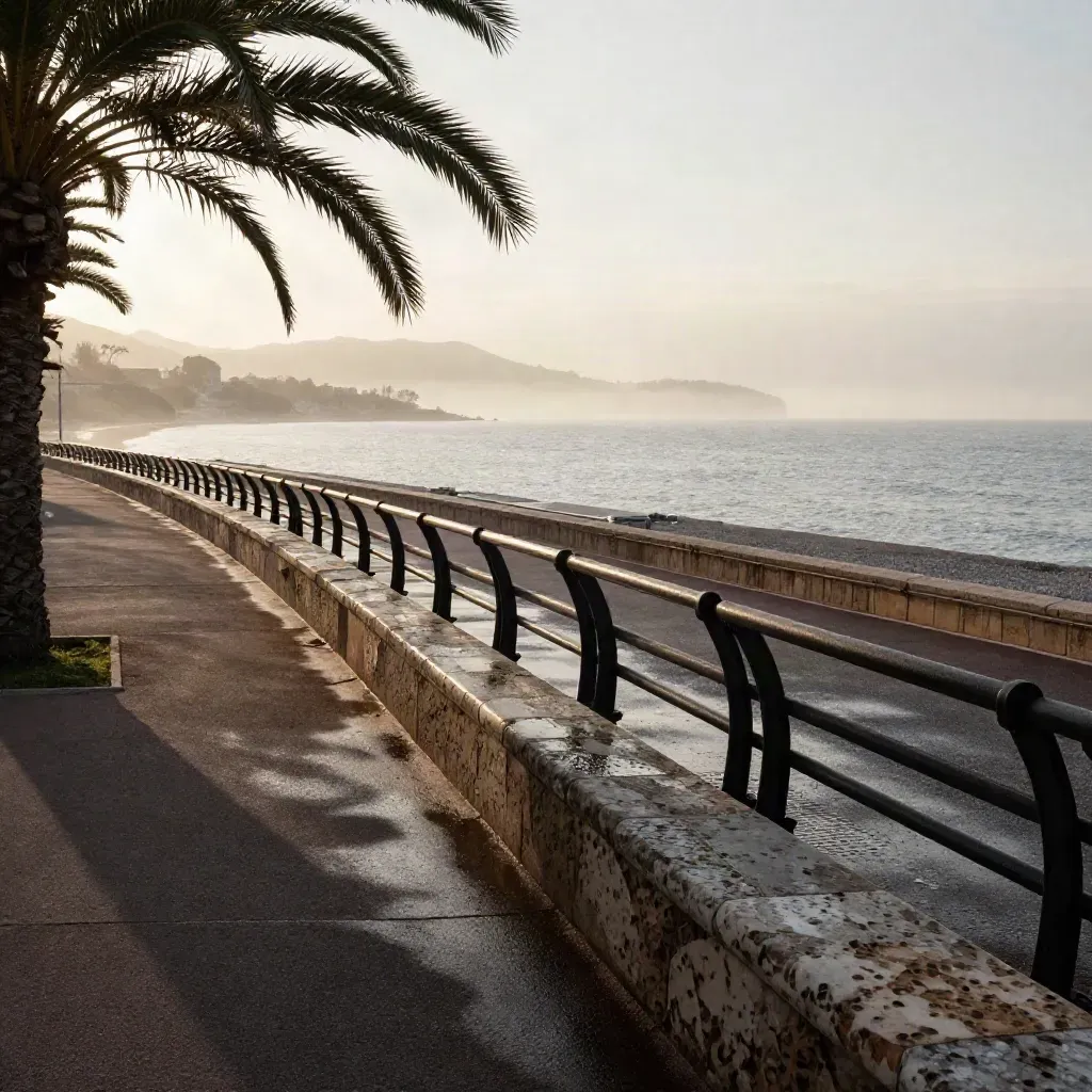 Racks de transition vides à Nice, au bord de la promenade dans la brume du lever du jour.