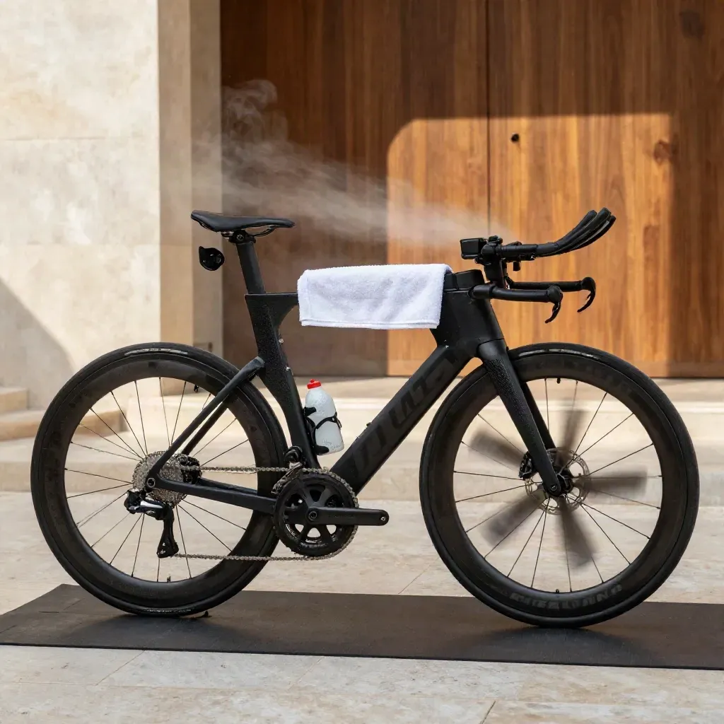 Vélo de triathlon sur home trainer, serviette blanche, ventilateur et tapis dans une cour ensoleillée.