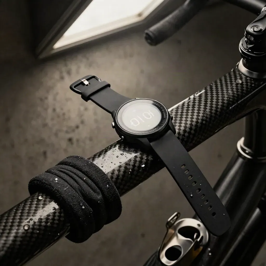 Montre GPS de triathlon sur le tube d’un vélo, avec manchon néoprène et porte-bidon.