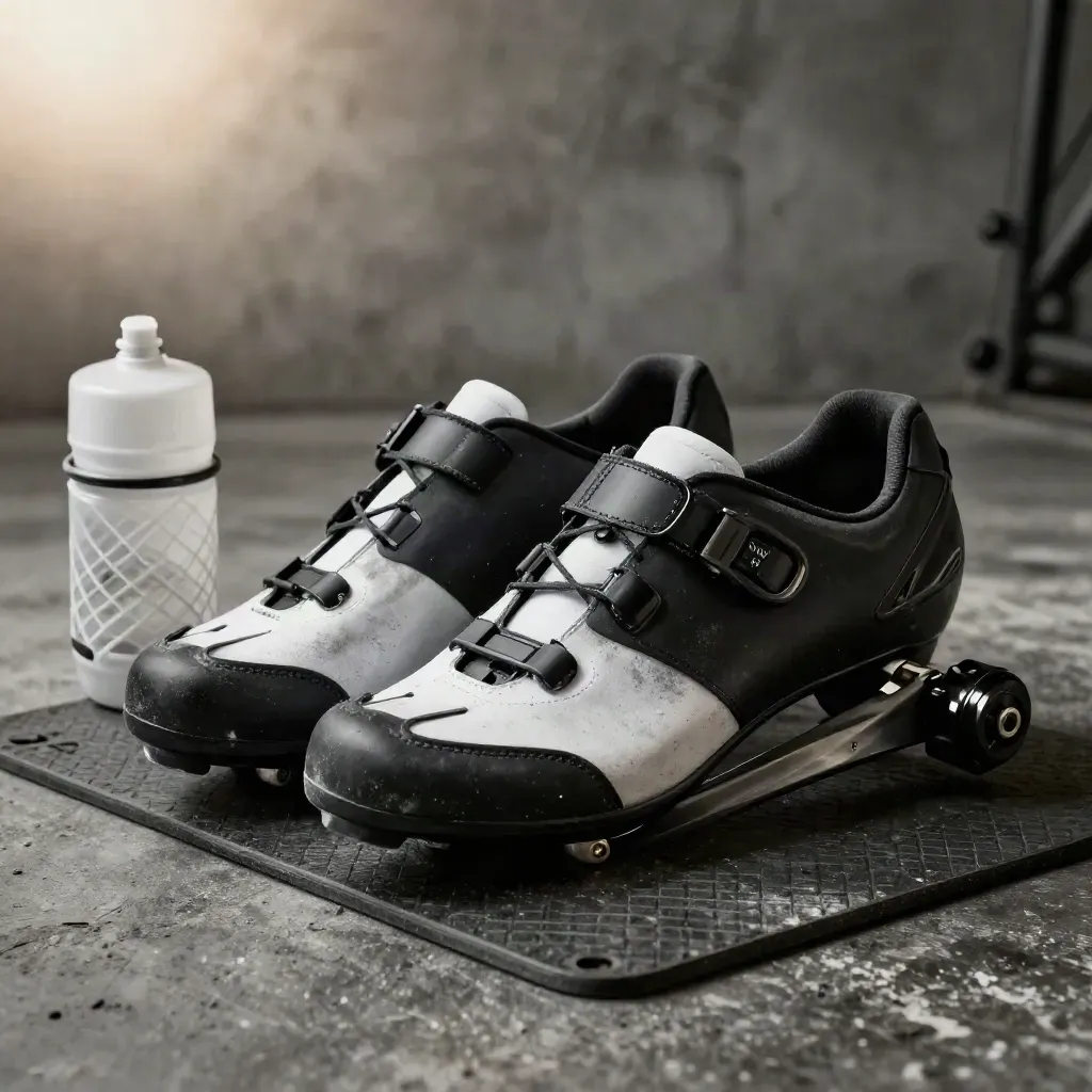 Chaussures de vélo verrouillées sur home-trainer, gourde et tapis, ambiance de garage calme.