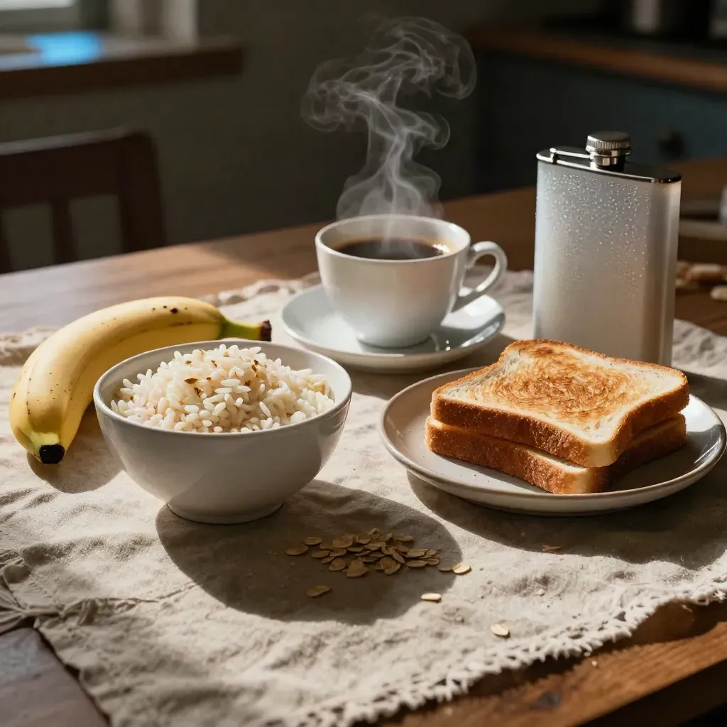 Petit-déjeuner de course avec banane, bol de riz, toast, café et flasque sur lin.