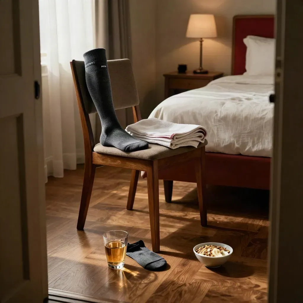 Chambre d’hôtel après course avec chaussettes de compression, eau, serviette et collation de récup.