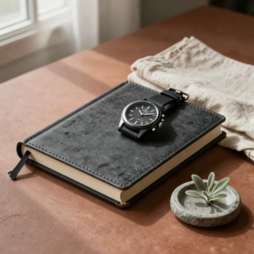 Carnet d’entraînement fermé, montre d’intervalles, linge plié, coupelle et petite plante sur fond minéral