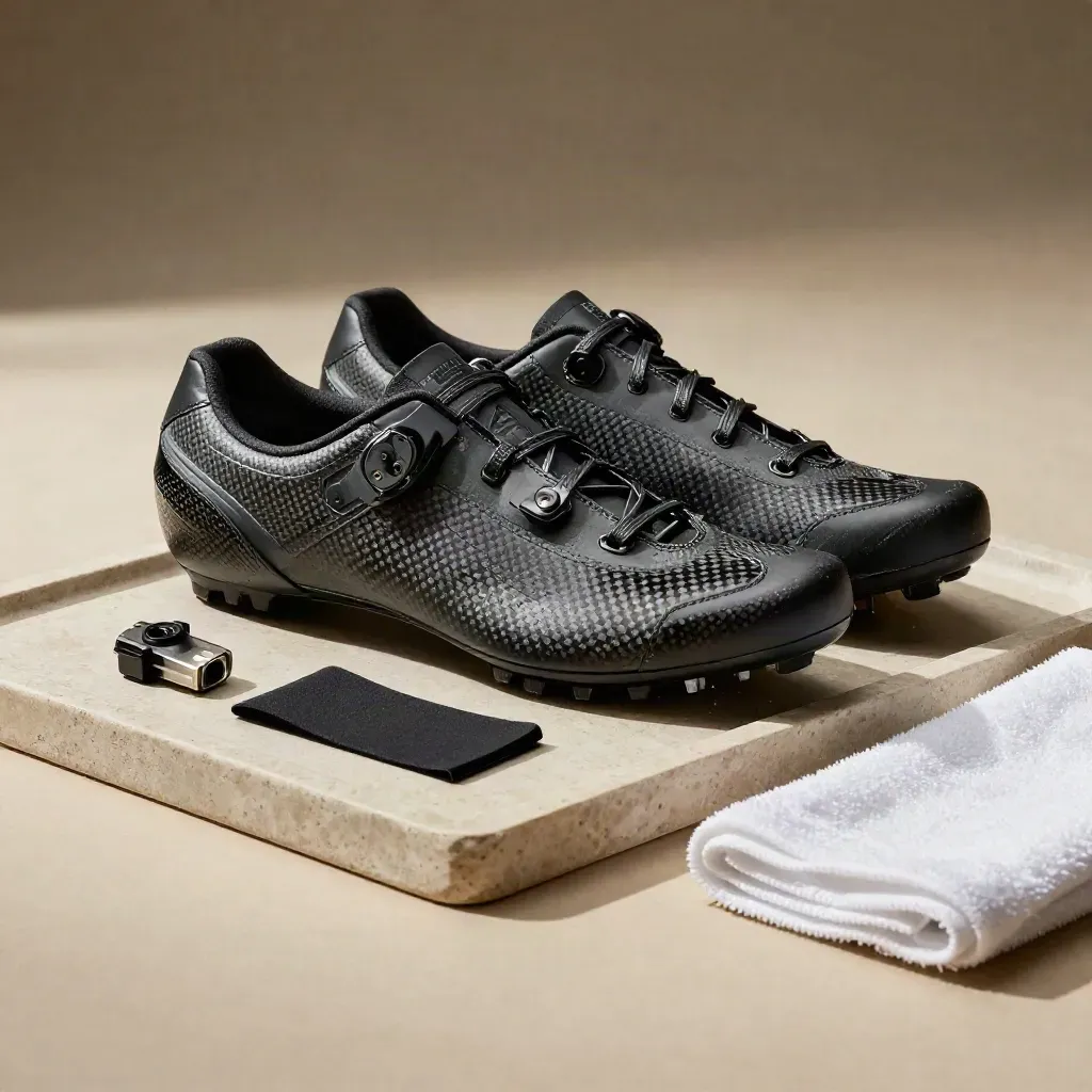 Chaussures carbone de triathlon, cale, échantillon néoprène et serviette sur un plateau de pierre.