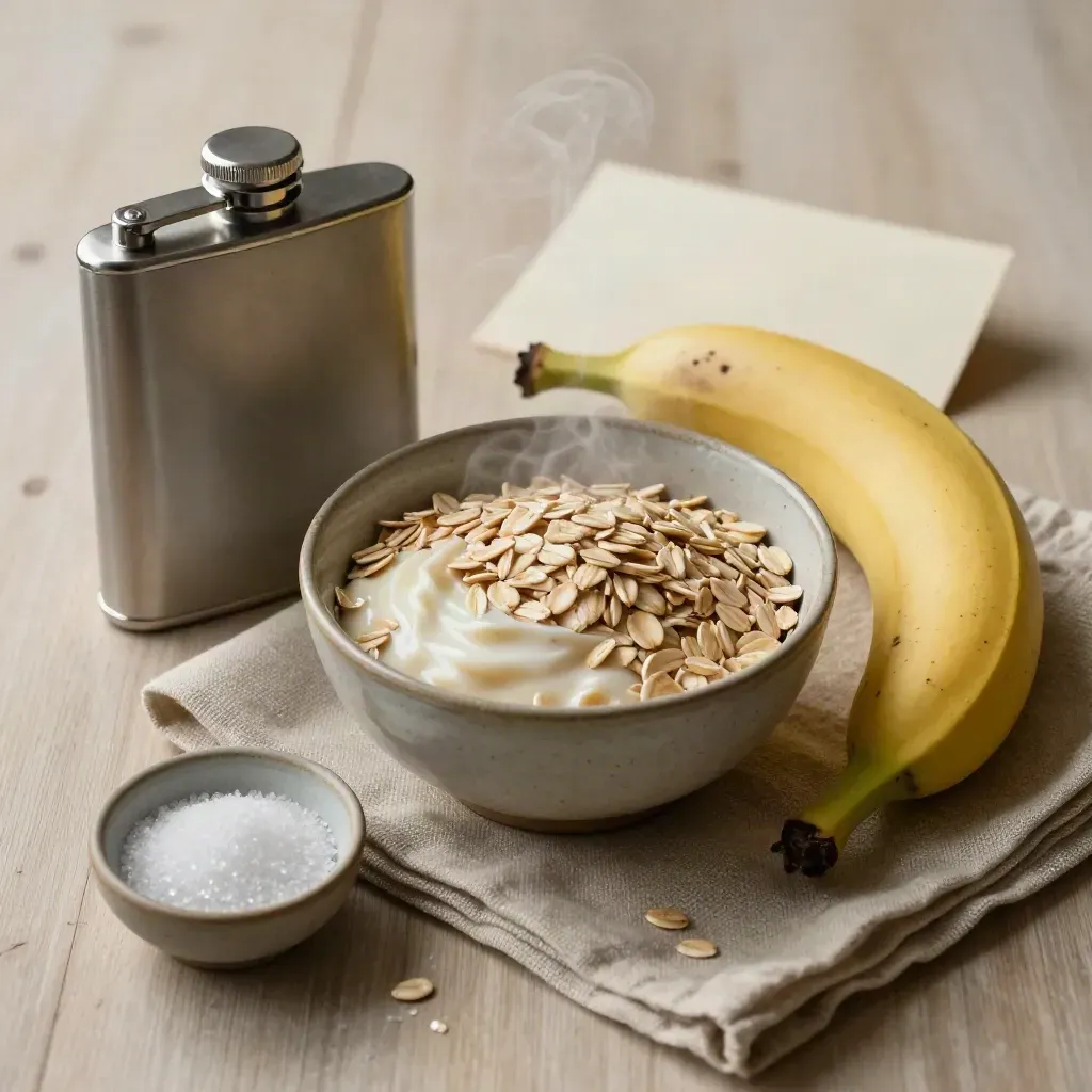 Vue du dessus d’un kit nutrition pré-course avec flasque, banane, bol d’avoine, sel et lin.