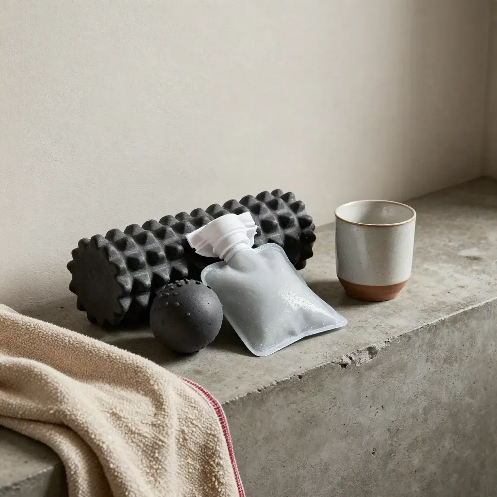 Nook de récupération avec foam roller, balle de massage, poche de glace, tasse et couverture pliée.