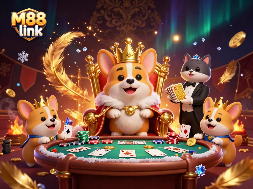 Join the exhilarating M88 link experience with a royal corgi and casino elements.