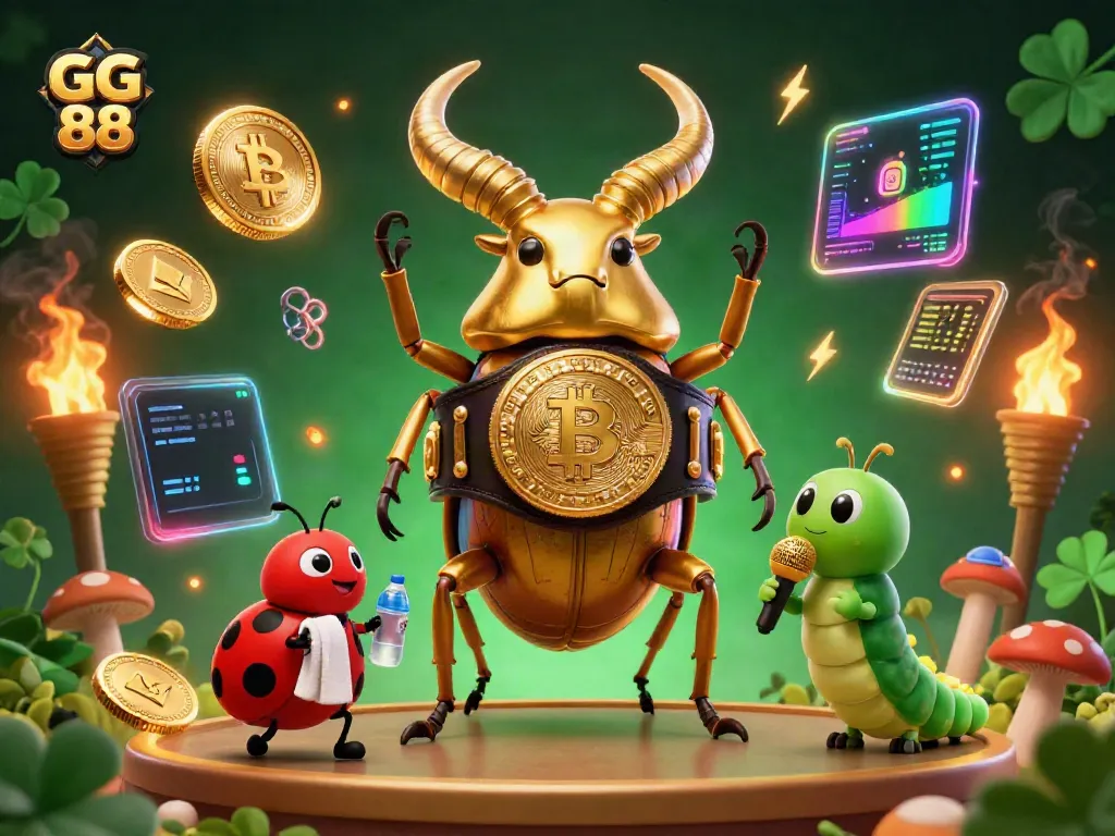Join the action at GG 88 with a vibrant scene showcasing a golden beetle champion facing off, surrounded by crypto elements.