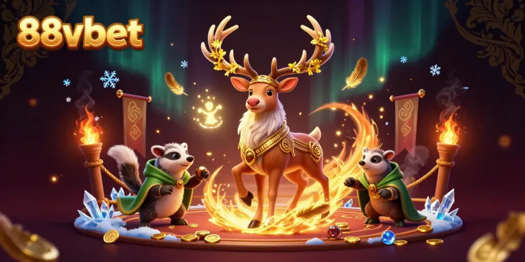 Experience gambling excitement with 88vbet, featuring a druid stag and badger in a rich casino scene.