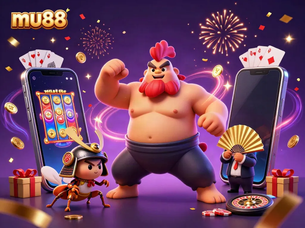 Experience thrilling gaming action with mu88’s vibrant slots and charismatic characters in this dynamic illustration.