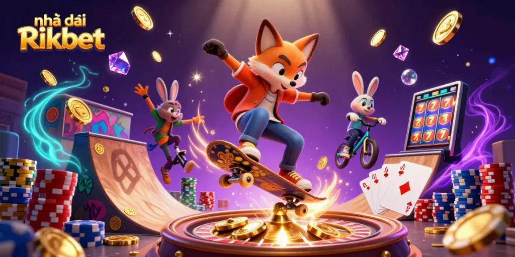 Engaging scene of Nhà cái Rikbet showcasing vibrant casino activities with animated characters.