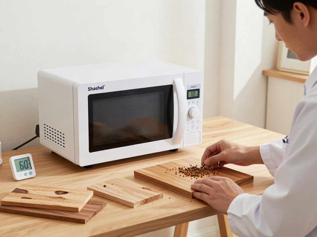 Traitement des bois avec Shashel®: technicien utilisant un appareil à micro-ondes dans un environnement moderne.