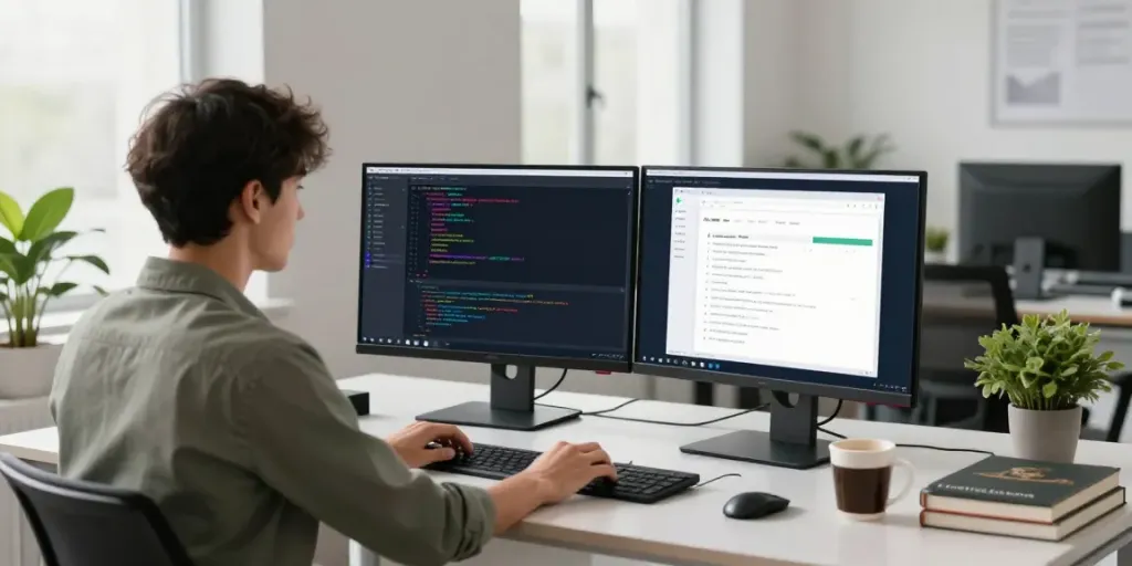 Developer utilizing an OpenAI-compatible API for multiple models in a modern workspace.