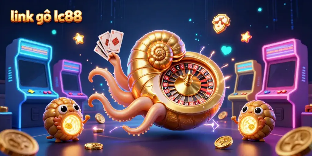 Engage with link vào lc88 through a vibrant 3D casino scene featuring a giant nautilus roulette and glowing game elements.