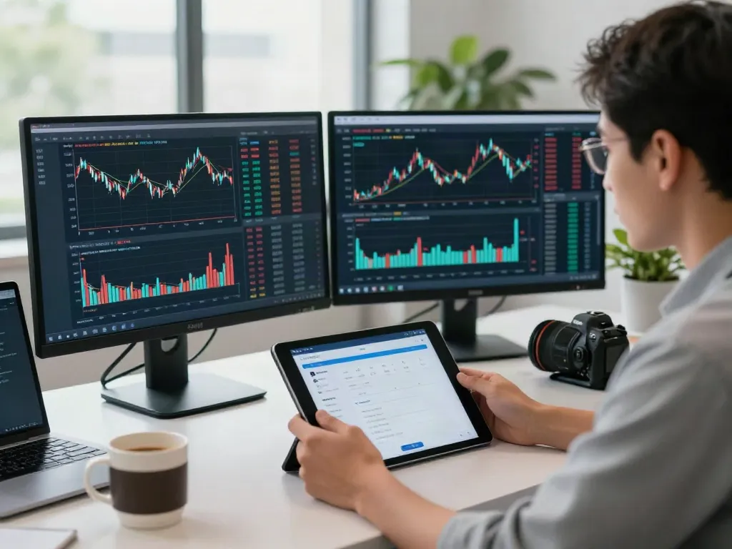 Analyse des données de trading sur la-couponeau.com avec une interface d'application moderne et un trader concentré.
