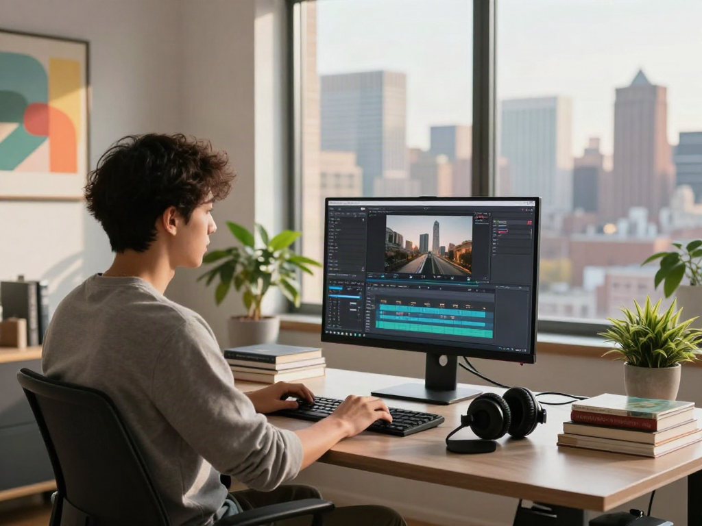 Scène de bureau moderne avec Atlas pro ontv, créateur de contenu en pleine production vidéo.