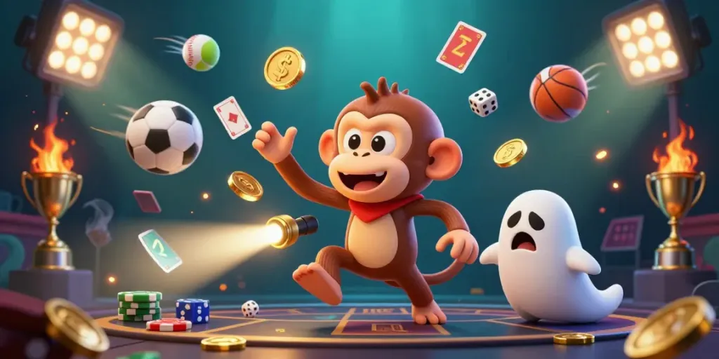 Experience the thrill of mm88 with a playful monkey juggling golden coins and a curious puppy tracking in a vibrant casino.