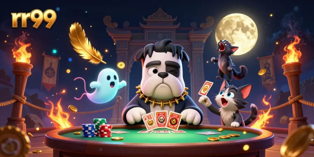 rr99 scene shows a Frankenstein bulldog dealing cards with a ghost mouse and a howling werewolf kitten, emphasizing casino fun.