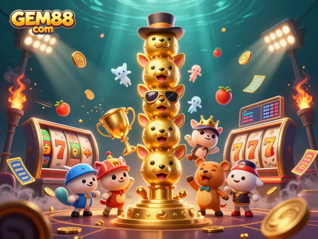 Engage with GEM88 com in an immersive 3D slot gaming scene featuring lively characters and vibrant game elements.